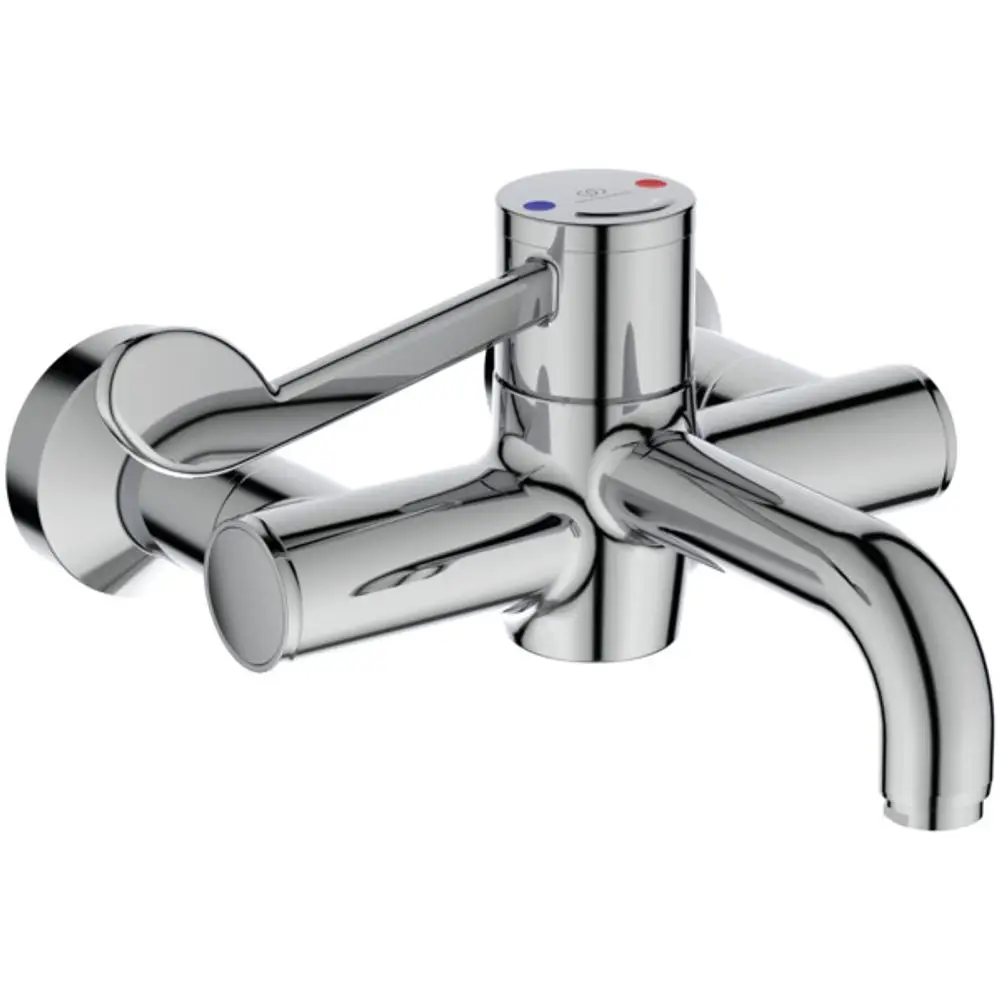 Chromfarbener Thermostat-Mischer mit zwei Bedienelementen für warmes und kaltes Wasser, montiert an der Wand, hergestellt von Ideal Standard.